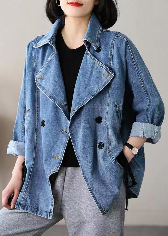 Blue Notched Patchwork Tie Waist Denim Coats Long Sleeve