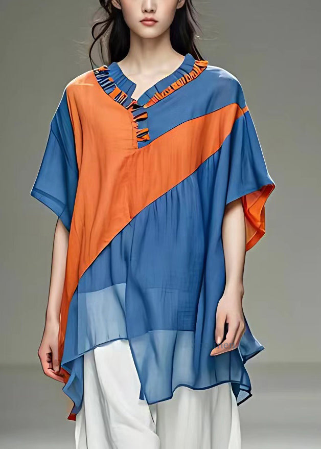 Blue O-neck Patchwork Chiffon Shirt Summer