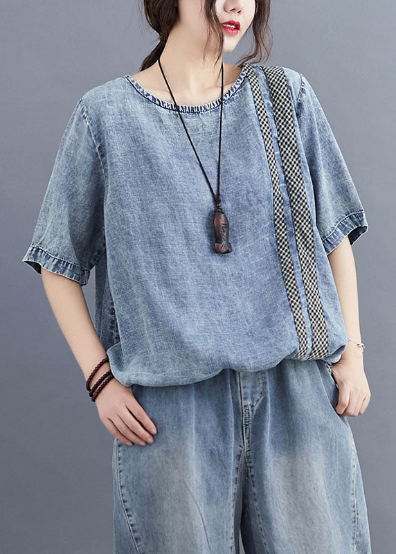 Blue O Neck Plaid Patchwork Denim T Shirt Top Summer