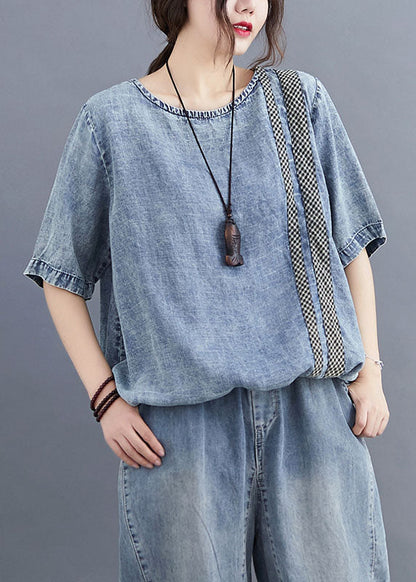 Blue O Neck Plaid Patchwork Denim T Shirt Top Summer