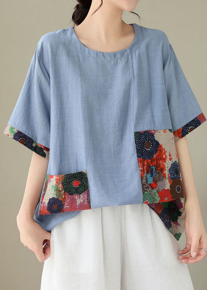 Blue O Neck Print Patchwork Cotton T Shirt Summer