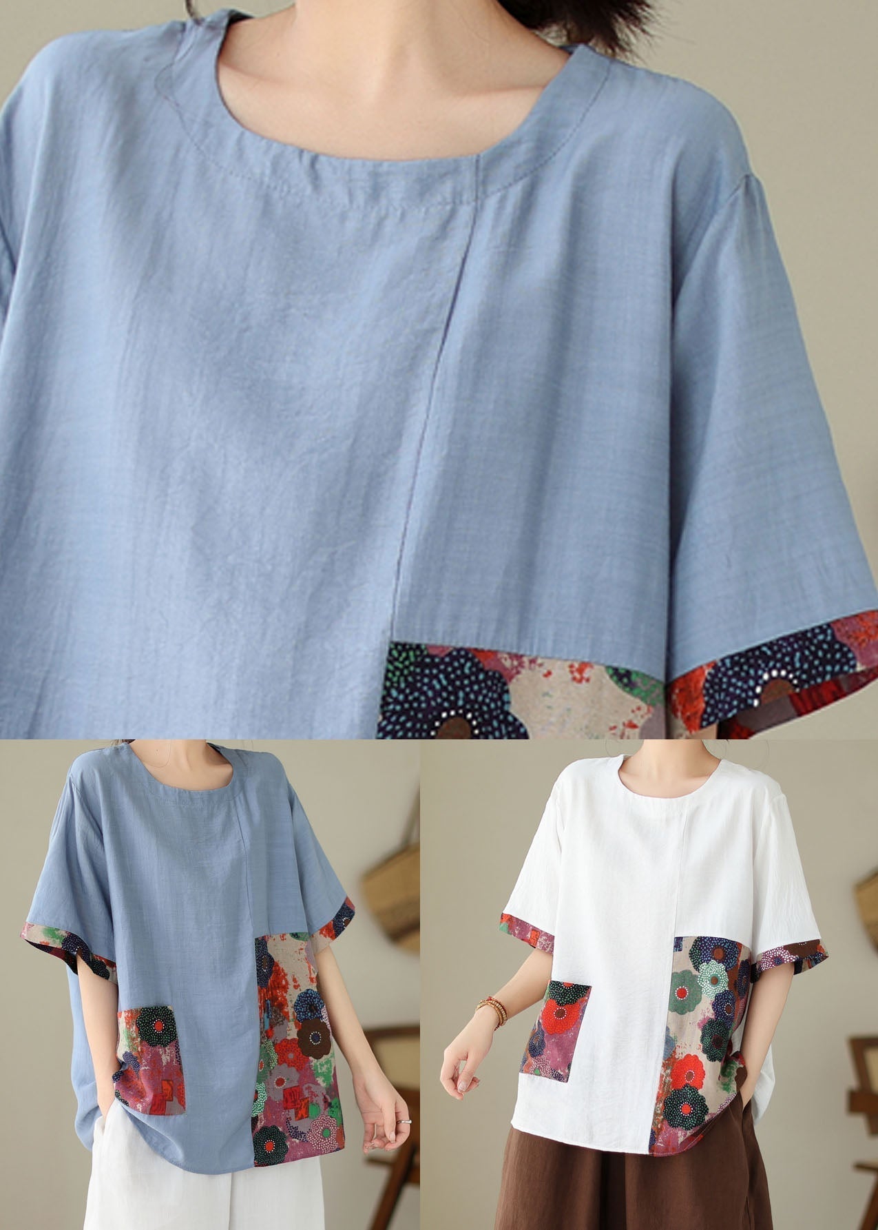 Blue O Neck Print Patchwork Cotton T Shirt Summer
