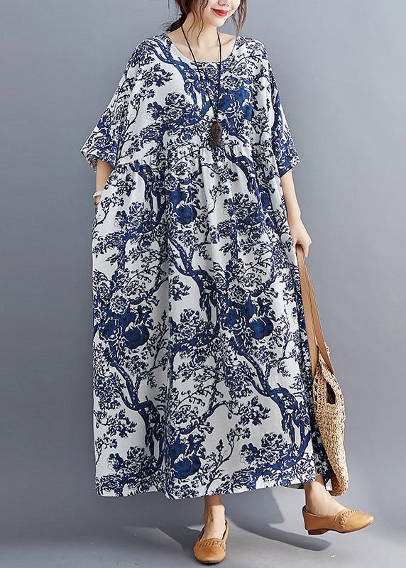 Blue O-neck Print Patchwork Wrinkled Maxi Dresses Summer