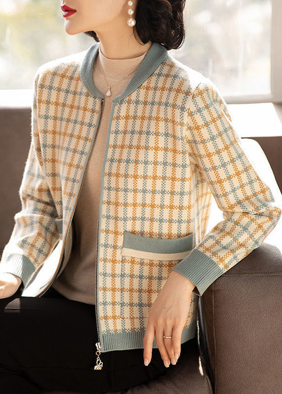 Blue O-neck Zip Up Pockets Plaid Knit Jackets Fall