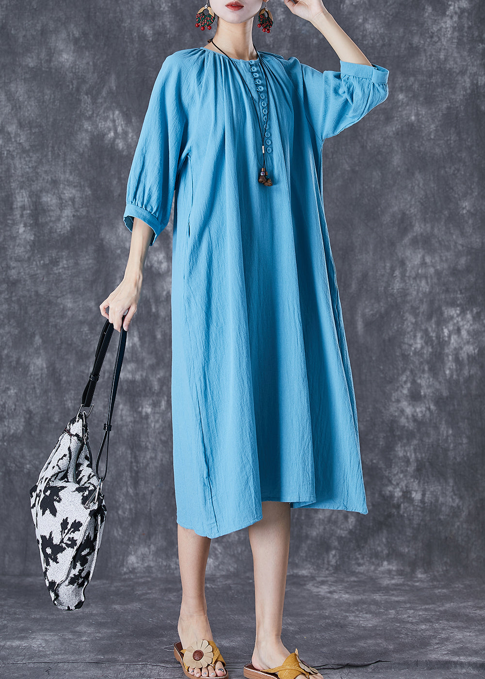 Blue Oversized Button Down Linen Long Dress Bracelet Sleeve