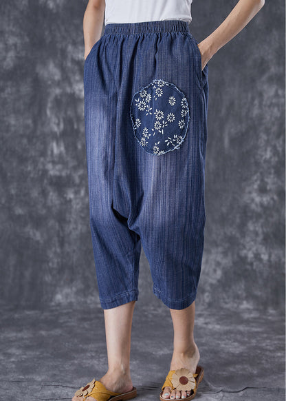Blue Oversized Patchwork Applique Denim Harem Pants Summer