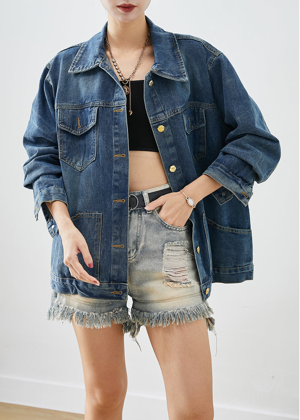 Blue Oversized Patchwork Denim Coats Fall