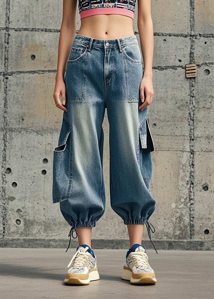 Blue Oversized Pockets Denim Crop Pants Spring
