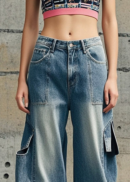 Blue Oversized Pockets Denim Crop Pants Spring