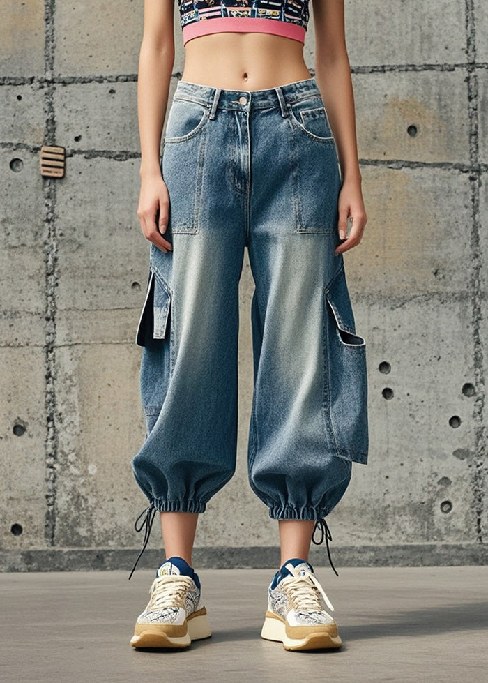 Blue Oversized Pockets Denim Crop Pants Spring