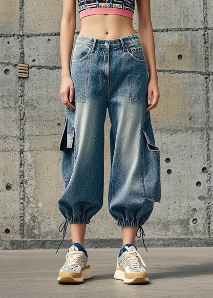 Blue Oversized Pockets Denim Crop Pants Spring