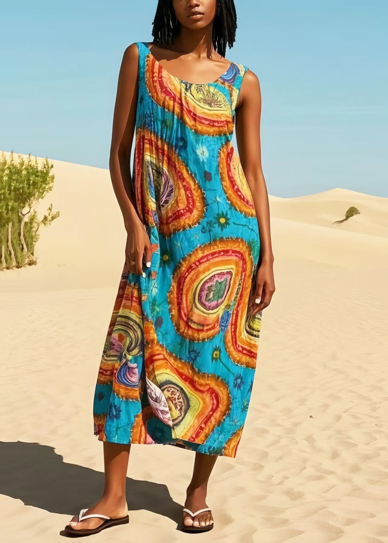 Blue Oversized Print Cotton Maxi Dresses Summer