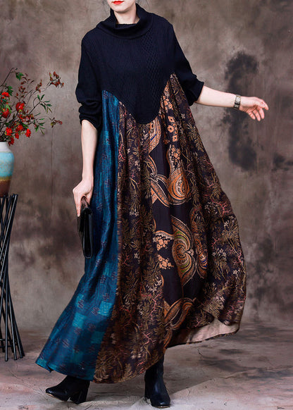 Blue Patchwork Chocolate Turtleneck Print Silk Maxi Dress Long Sleeve