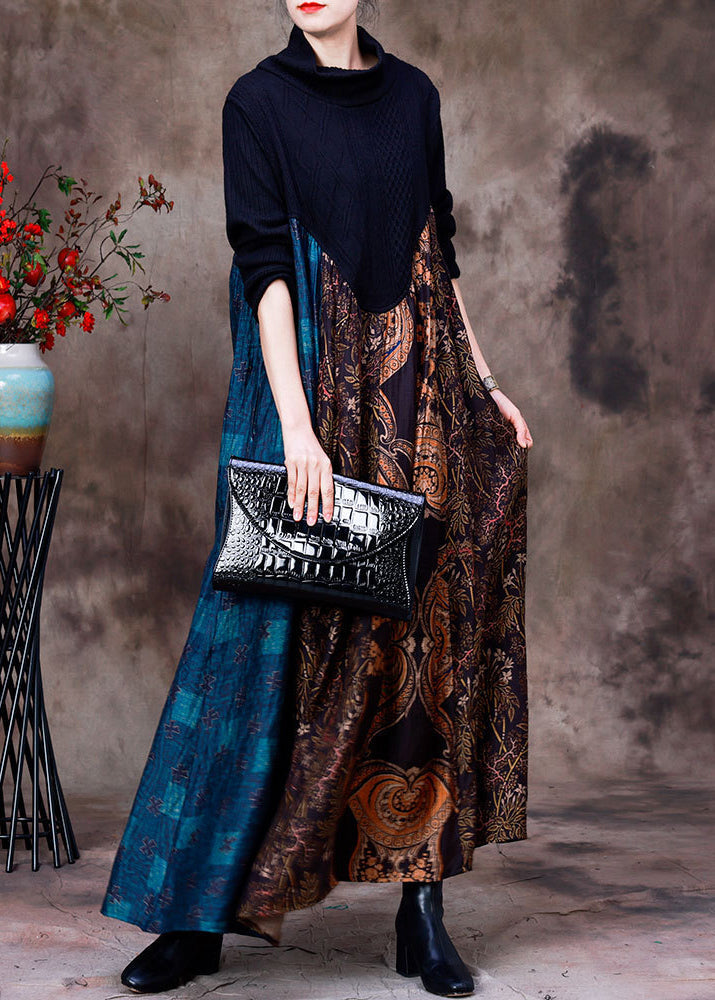 Blue Patchwork Chocolate Turtleneck Print Silk Maxi Dress Long Sleeve