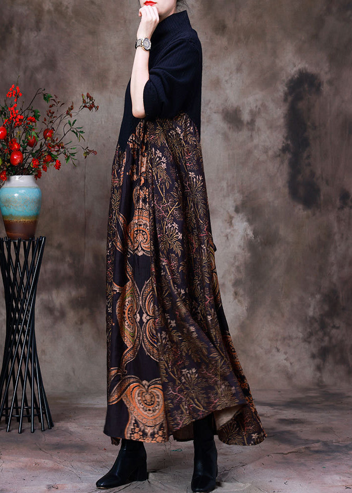 Blue Patchwork Chocolate Turtleneck Print Silk Maxi Dress Long Sleeve