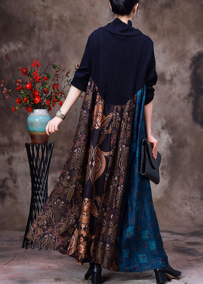 Blue Patchwork Chocolate Turtleneck Print Silk Maxi Dress Long Sleeve