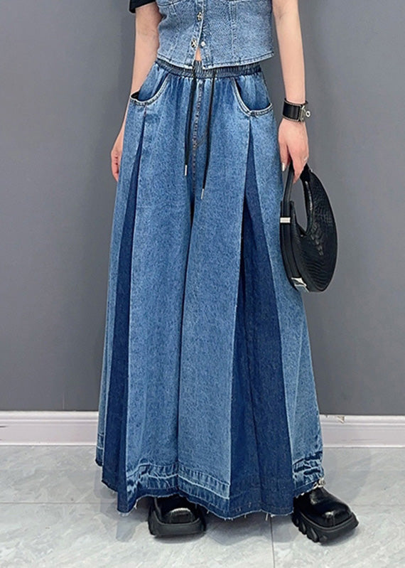 Blue Patchwork Drawstring Elastic Waist Denim Wide Leg Pants Summer