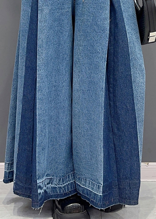 Blue Patchwork Drawstring Elastic Waist Denim Wide Leg Pants Summer