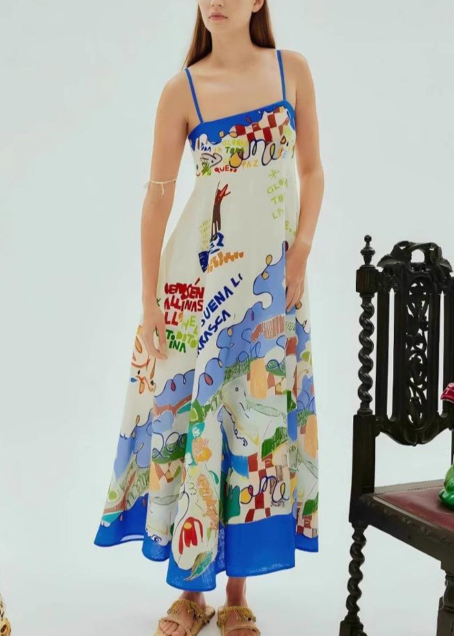 Blue Patchwork Maxi Spaghetti Strap Dresses Sleeveless