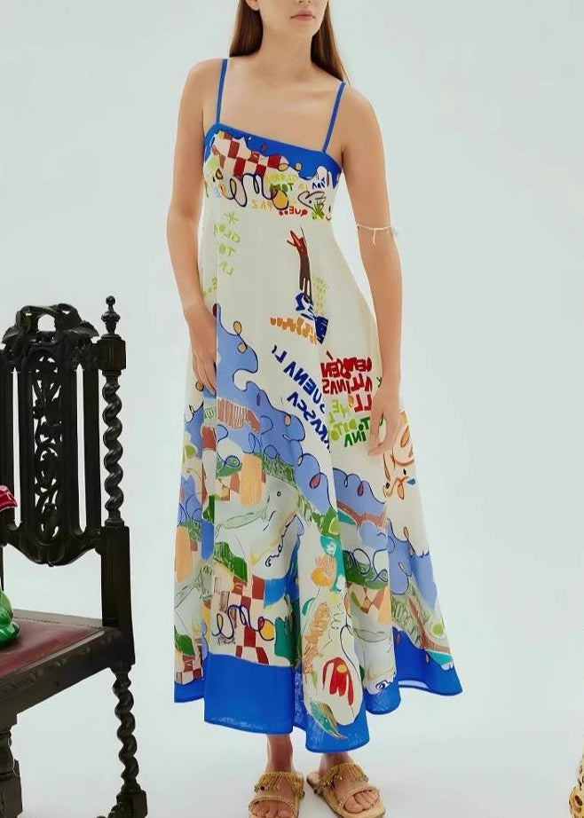 Blue Patchwork Maxi Spaghetti Strap Dresses Sleeveless
