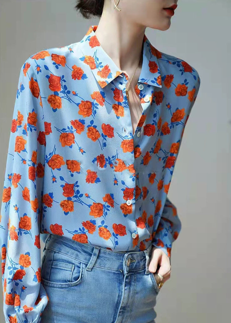 Blue Peter Pan Collar Button Print Chiffon Blouses Puff Sleeve