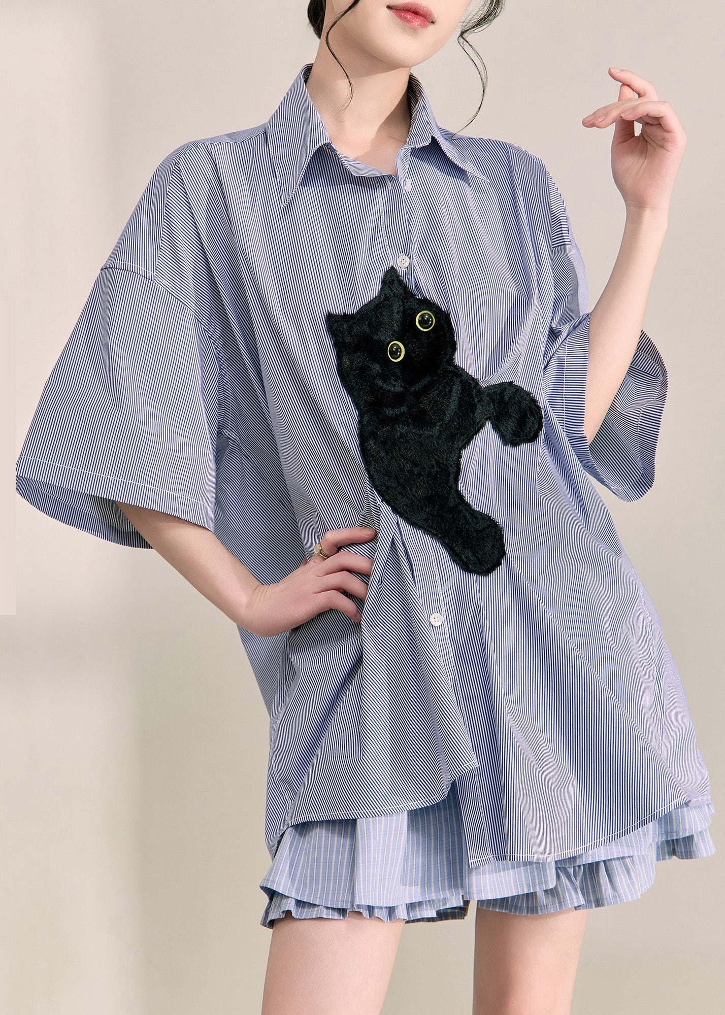 Blue Peter Pan Collar Little Cats Striped Shirts Summer
