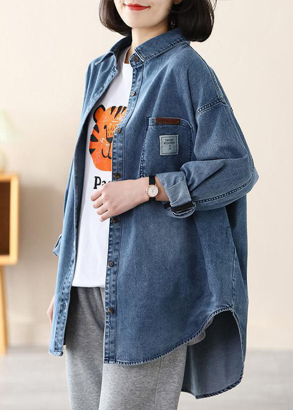 Blue Peter Pan Collar Oversized Applique Cotton Denim Coat Spring