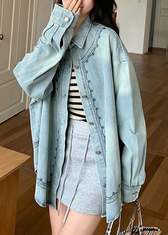 Casual Blue Peter Pan Collar Patchwork Button Denim Shirt Spring