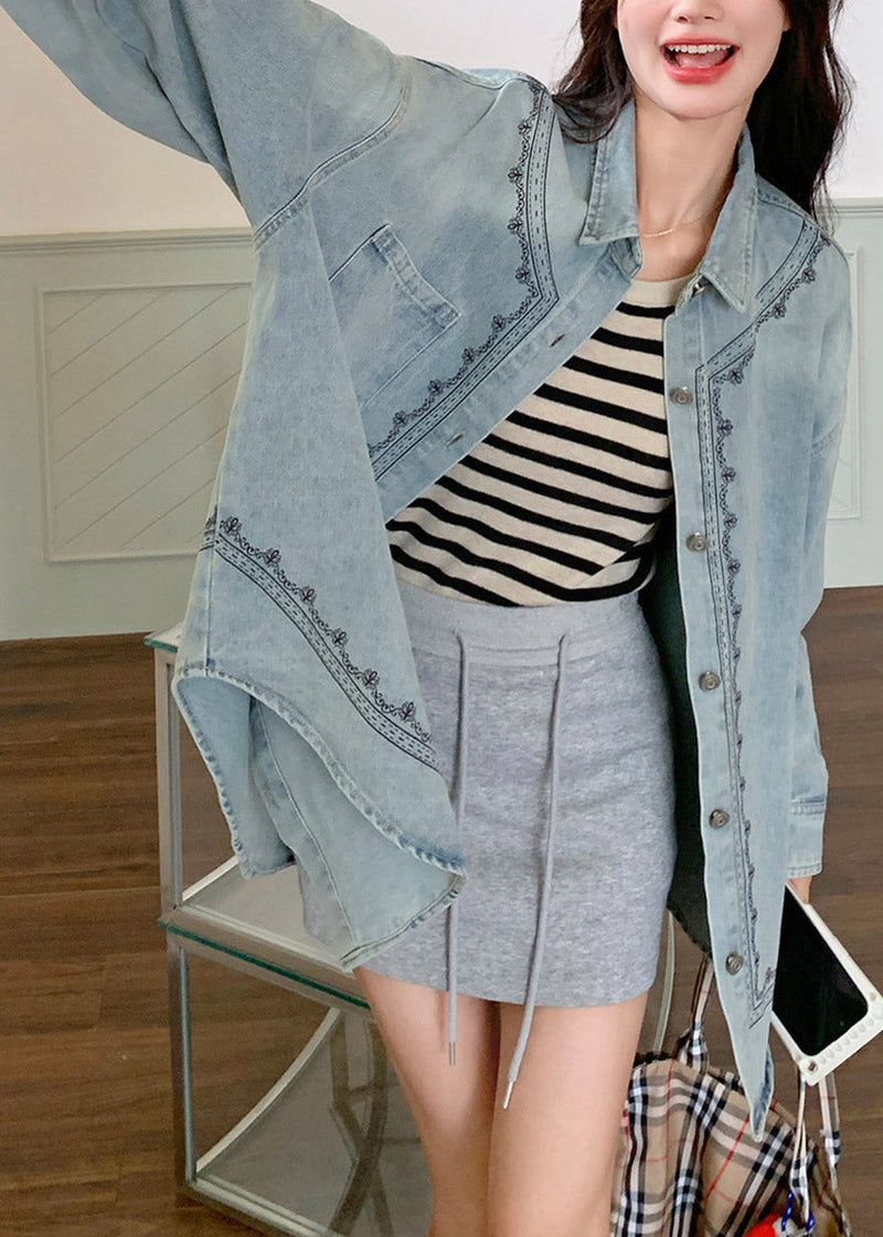 Blue Peter Pan Collar Patchwork Button Denim Shirt Spring