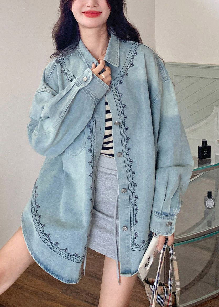 Casual Blue Peter Pan Collar Patchwork Button Denim Shirt Spring