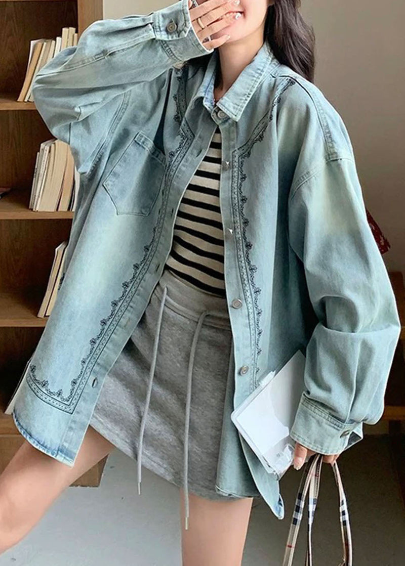Blue Peter Pan Collar Patchwork Button Denim Shirt Spring