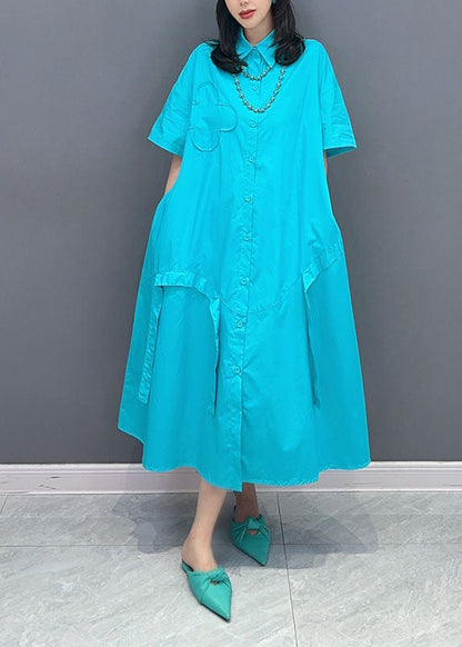 Blue Peter Pan Collar Patchwork Cotton Shirts Dress Summer