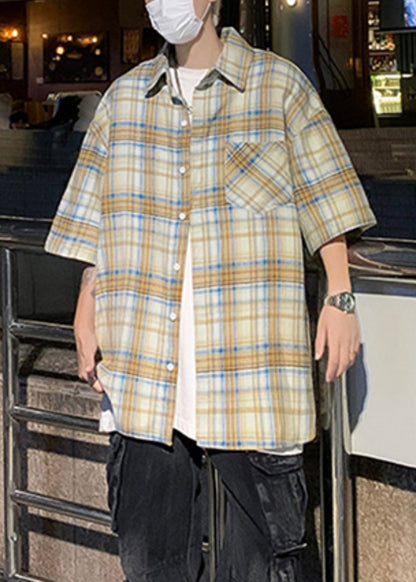 Blue Peter Pan Collar Plaid Button Cotton Mensshirts Summer