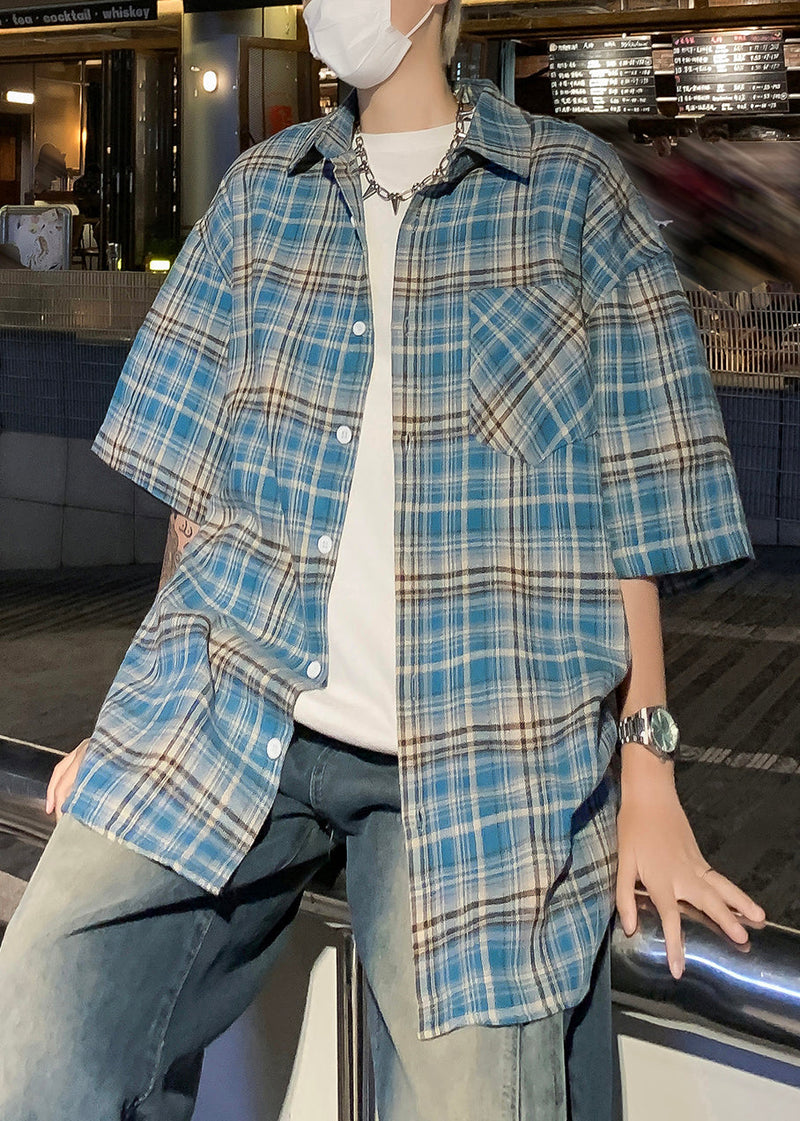 Blue Peter Pan Collar Plaid Button Cotton Mensshirts Summer