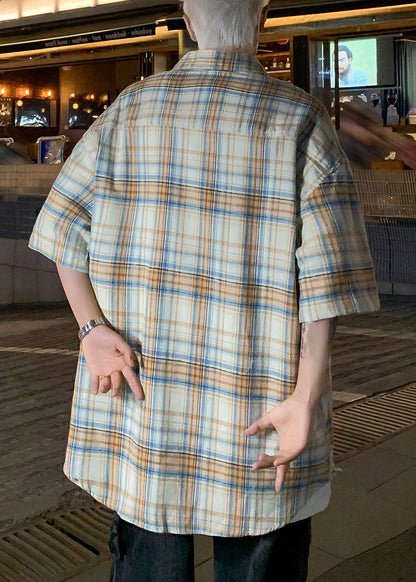 Blue Peter Pan Collar Plaid Button Cotton Mensshirts Summer