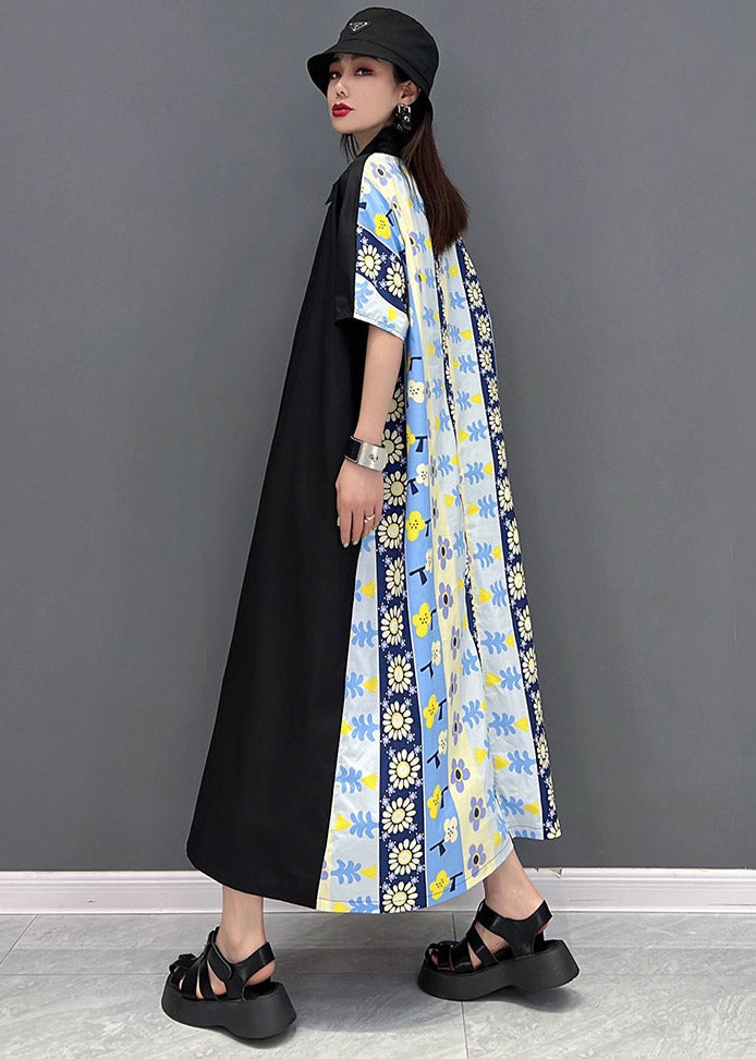 Blue Peter Pan Collar Print Dresses Short Sleeve
