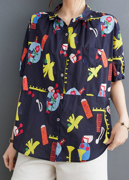 Blue Peter Pan Collar Print Patchwork Cotton Shirts Top Summer