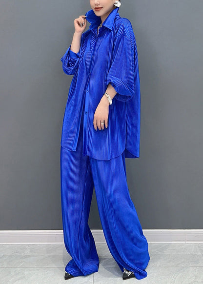 Blue Peter Pan Collar Shirts and Wide Leg Pants Two Piece Set Lantern Sleeve