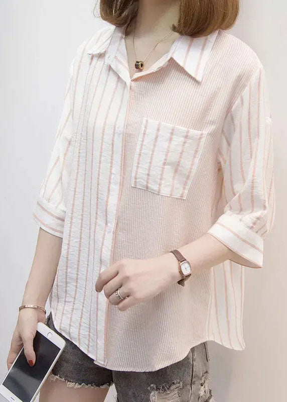 Blue Peter Pan Collar Striped Cotton Shirt Top Bracelet Sleeve