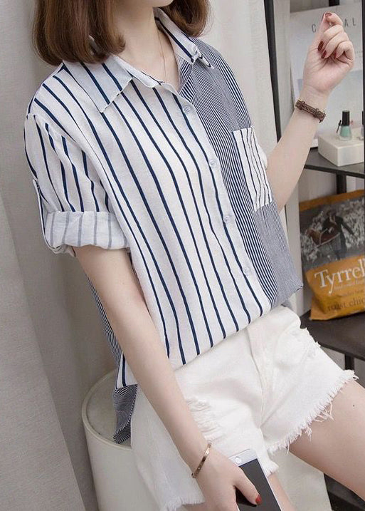 Blue Peter Pan Collar Striped Cotton Shirt Top Bracelet Sleeve