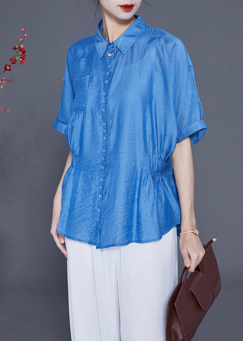 Blue Peter Pan Collar Wrinkled Silk Shirt Tops Summer