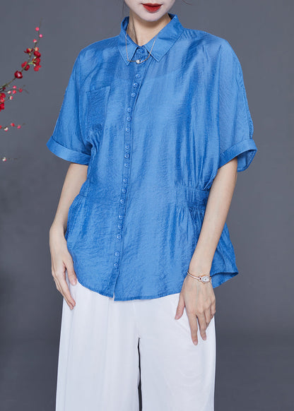 Blue Peter Pan Collar Wrinkled Silk Shirt Tops Summer