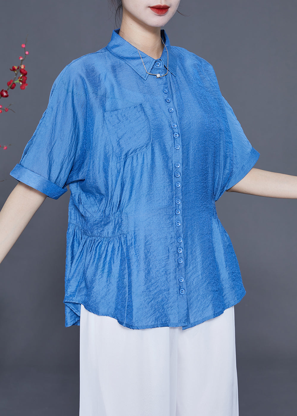 Blue Peter Pan Collar Wrinkled Silk Shirt Tops Summer