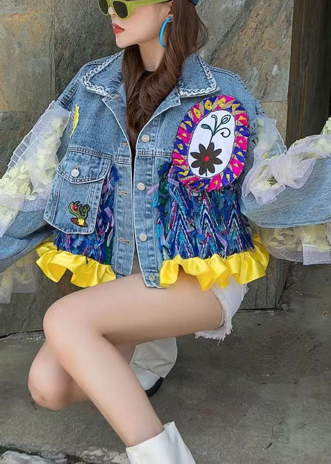 Blue Peterpan Collar Button Patchwork Sequins Fall Denim Long Sleeve Coat