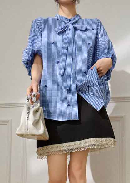 Blue Plaid Bow Button Shirts Half Sleeve
