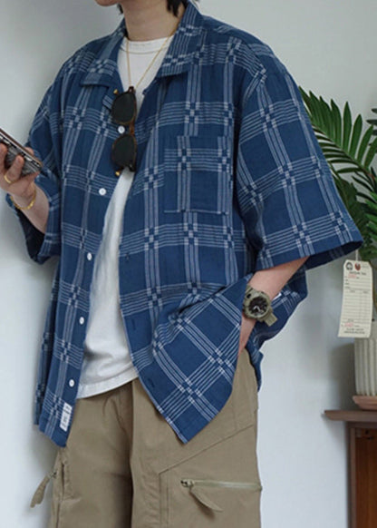 Blue Plaid Button Cotton Shirts Summer