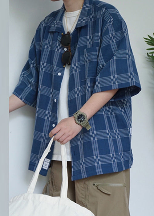 Blue Plaid Button Cotton Shirts Summer