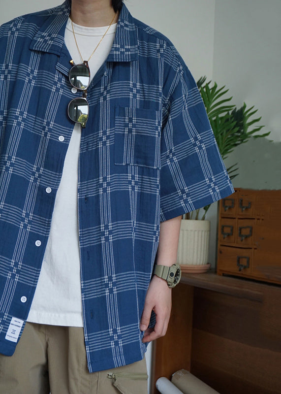 Blue Plaid Button Cotton Shirts Summer