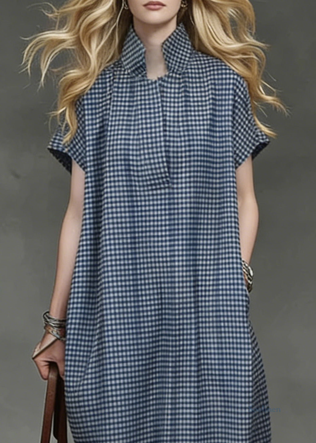Blue Plaid Pockets Cotton Maxi Dresses Summer