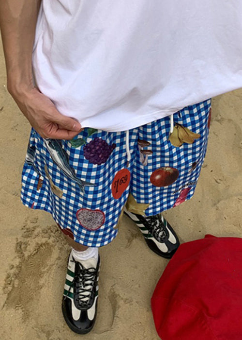Blue Plaid Print Elastic Waist Cotton Beach Shorts Summer